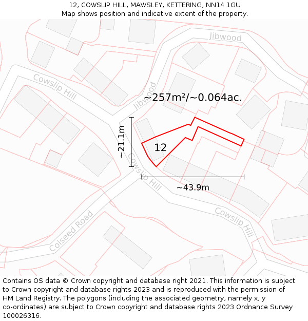 12, COWSLIP HILL, MAWSLEY, KETTERING, NN14 1GU: Plot and title map