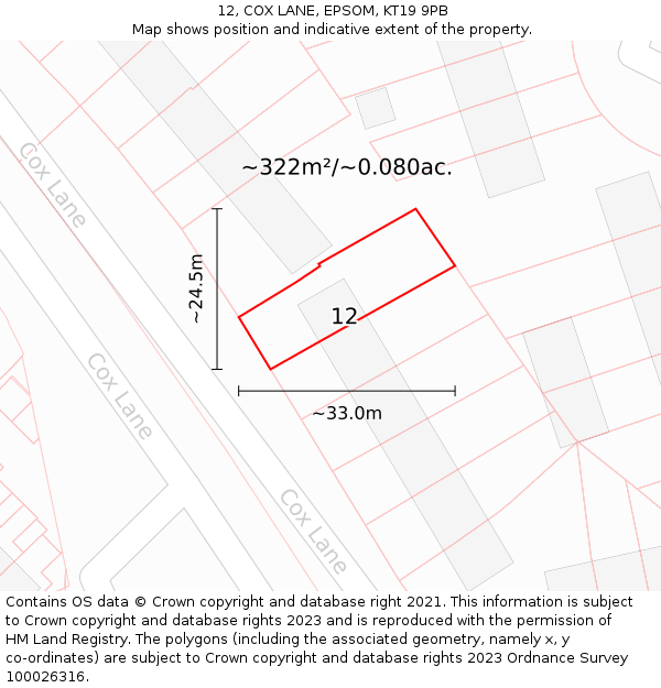 12, COX LANE, EPSOM, KT19 9PB: Plot and title map