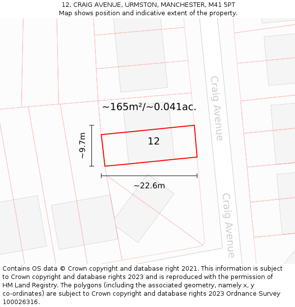 12, CRAIG AVENUE, URMSTON, MANCHESTER, M41 5PT: Plot and title map