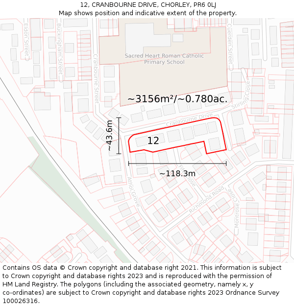12, CRANBOURNE DRIVE, CHORLEY, PR6 0LJ: Plot and title map