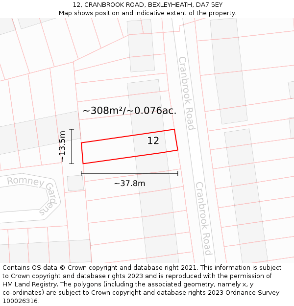12, CRANBROOK ROAD, BEXLEYHEATH, DA7 5EY: Plot and title map