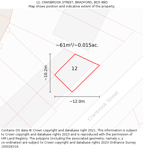 12, CRANBROOK STREET, BRADFORD, BD5 8BD: Plot and title map
