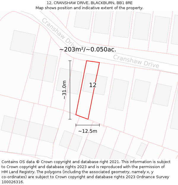 12, CRANSHAW DRIVE, BLACKBURN, BB1 8RE: Plot and title map