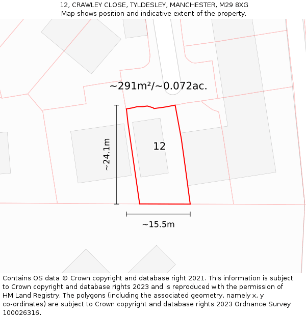 12, CRAWLEY CLOSE, TYLDESLEY, MANCHESTER, M29 8XG: Plot and title map
