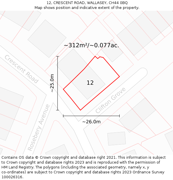 12, CRESCENT ROAD, WALLASEY, CH44 0BQ: Plot and title map