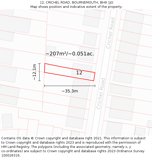 12, CRICHEL ROAD, BOURNEMOUTH, BH9 1JG: Plot and title map
