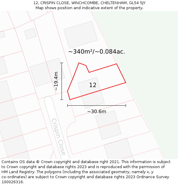 12, CRISPIN CLOSE, WINCHCOMBE, CHELTENHAM, GL54 5JY: Plot and title map