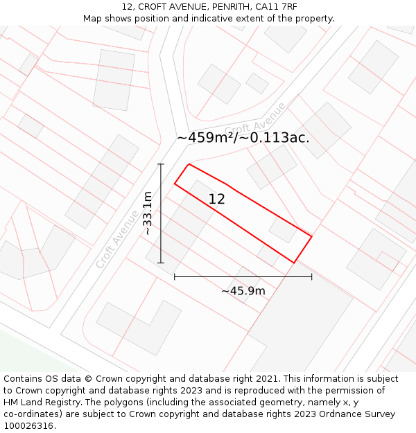 12, CROFT AVENUE, PENRITH, CA11 7RF: Plot and title map