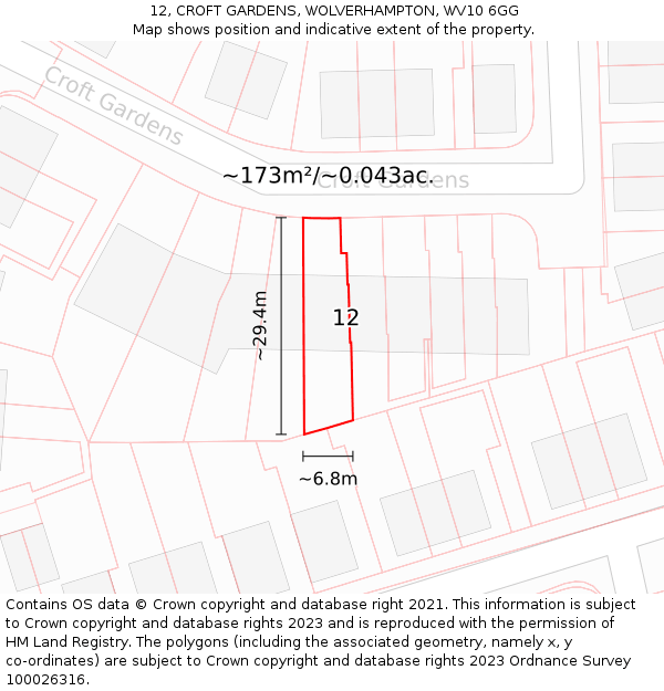 12, CROFT GARDENS, WOLVERHAMPTON, WV10 6GG: Plot and title map