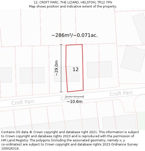 12, CROFT PARC, THE LIZARD, HELSTON, TR12 7PN: Plot and title map