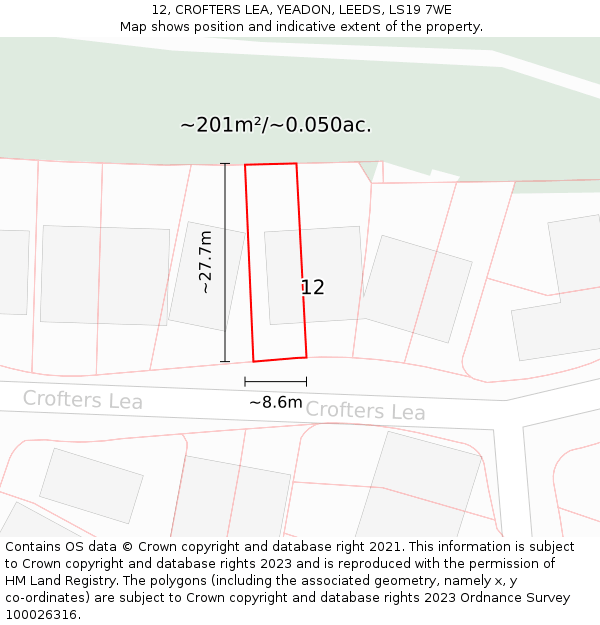 12, CROFTERS LEA, YEADON, LEEDS, LS19 7WE: Plot and title map