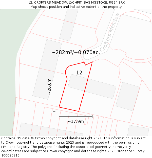 12, CROFTERS MEADOW, LYCHPIT, BASINGSTOKE, RG24 8RX: Plot and title map