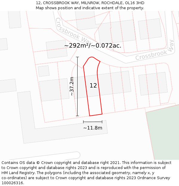 12, CROSSBROOK WAY, MILNROW, ROCHDALE, OL16 3HD: Plot and title map