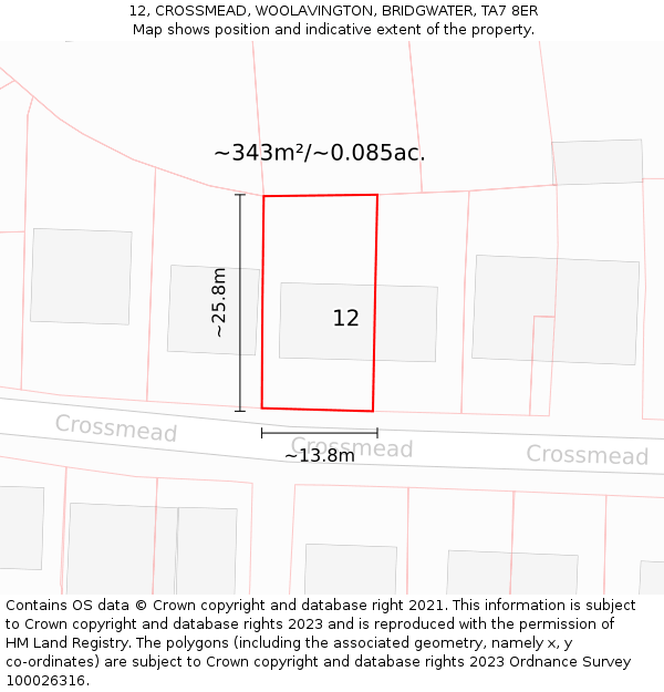 12, CROSSMEAD, WOOLAVINGTON, BRIDGWATER, TA7 8ER: Plot and title map