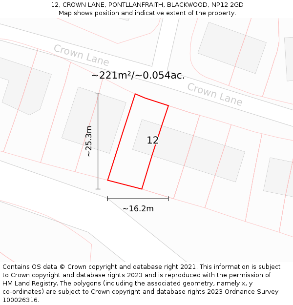 12, CROWN LANE, PONTLLANFRAITH, BLACKWOOD, NP12 2GD: Plot and title map