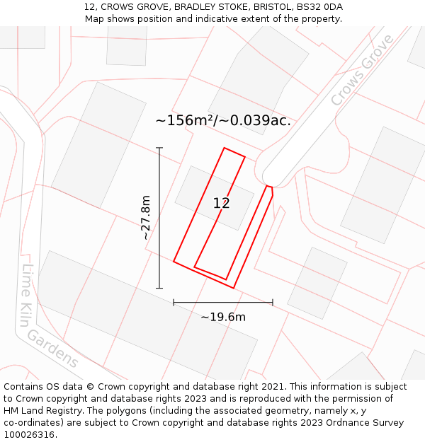12, CROWS GROVE, BRADLEY STOKE, BRISTOL, BS32 0DA: Plot and title map