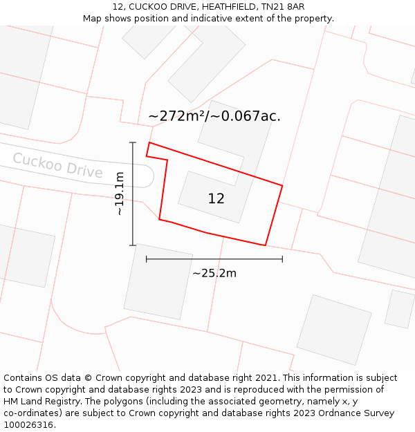 12, CUCKOO DRIVE, HEATHFIELD, TN21 8AR: Plot and title map