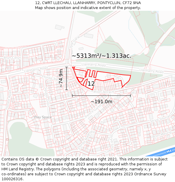 12, CWRT LLECHAU, LLANHARRY, PONTYCLUN, CF72 9NA: Plot and title map