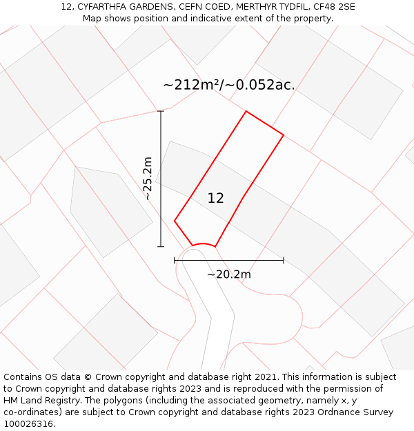 12, CYFARTHFA GARDENS, CEFN COED, MERTHYR TYDFIL, CF48 2SE: Plot and title map