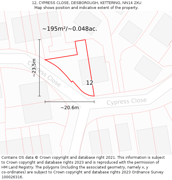 12, CYPRESS CLOSE, DESBOROUGH, KETTERING, NN14 2XU: Plot and title map