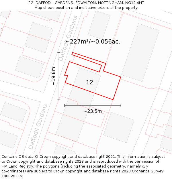 12, DAFFODIL GARDENS, EDWALTON, NOTTINGHAM, NG12 4HT: Plot and title map