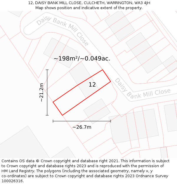 12, DAISY BANK MILL CLOSE, CULCHETH, WARRINGTON, WA3 4JH: Plot and title map