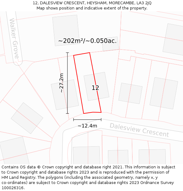 12, DALESVIEW CRESCENT, HEYSHAM, MORECAMBE, LA3 2JQ: Plot and title map