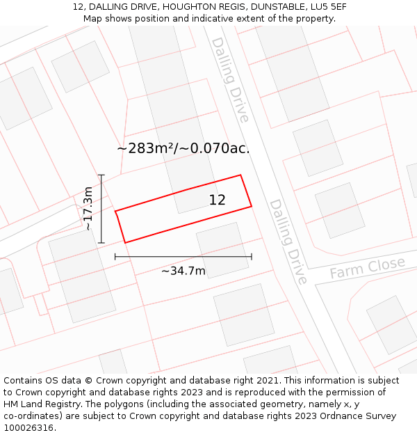 12, DALLING DRIVE, HOUGHTON REGIS, DUNSTABLE, LU5 5EF: Plot and title map