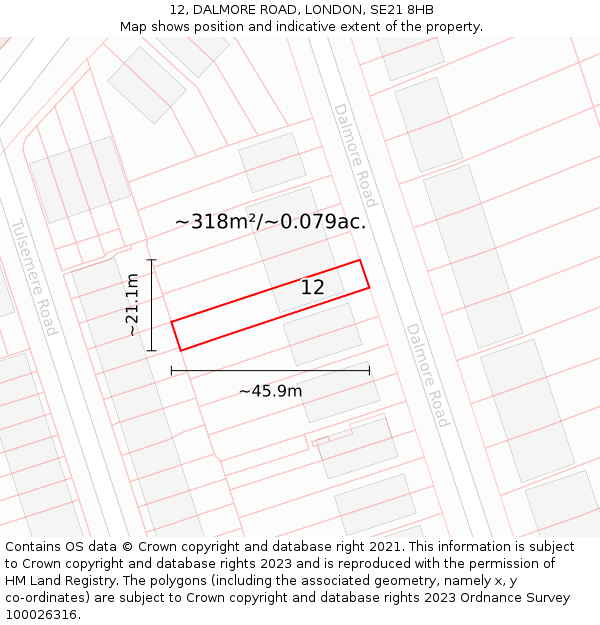 12, DALMORE ROAD, LONDON, SE21 8HB: Plot and title map