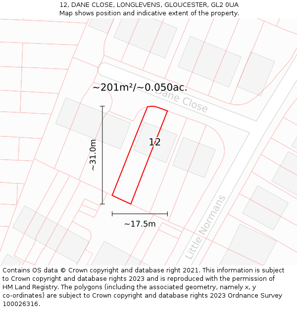 12, DANE CLOSE, LONGLEVENS, GLOUCESTER, GL2 0UA: Plot and title map