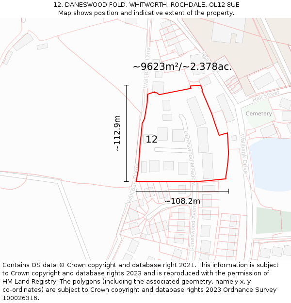 12, DANESWOOD FOLD, WHITWORTH, ROCHDALE, OL12 8UE: Plot and title map
