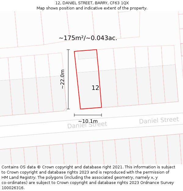 12, DANIEL STREET, BARRY, CF63 1QX: Plot and title map