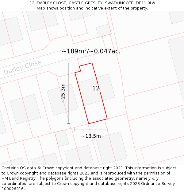 12, DARLEY CLOSE, CASTLE GRESLEY, SWADLINCOTE, DE11 9LW: Plot and title map