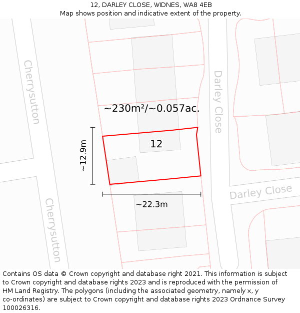 12, DARLEY CLOSE, WIDNES, WA8 4EB: Plot and title map