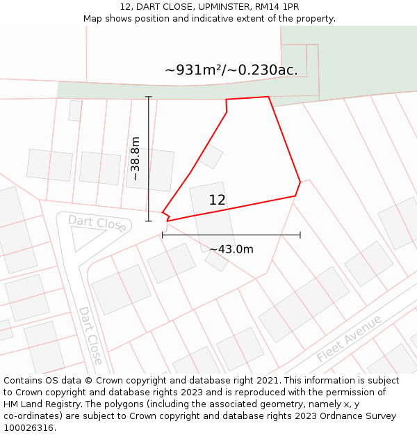 12, DART CLOSE, UPMINSTER, RM14 1PR: Plot and title map