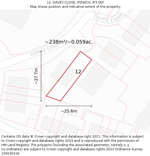 12, DAVEY CLOSE, IPSWICH, IP3 0EF: Plot and title map