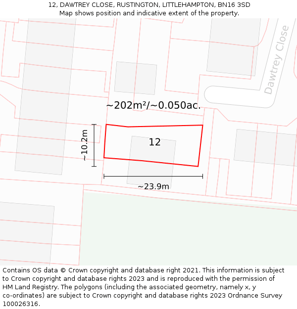 12, DAWTREY CLOSE, RUSTINGTON, LITTLEHAMPTON, BN16 3SD: Plot and title map