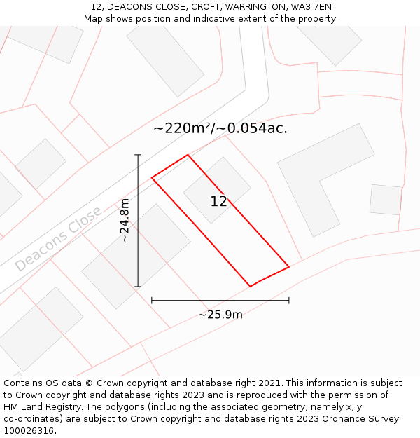 12, DEACONS CLOSE, CROFT, WARRINGTON, WA3 7EN: Plot and title map