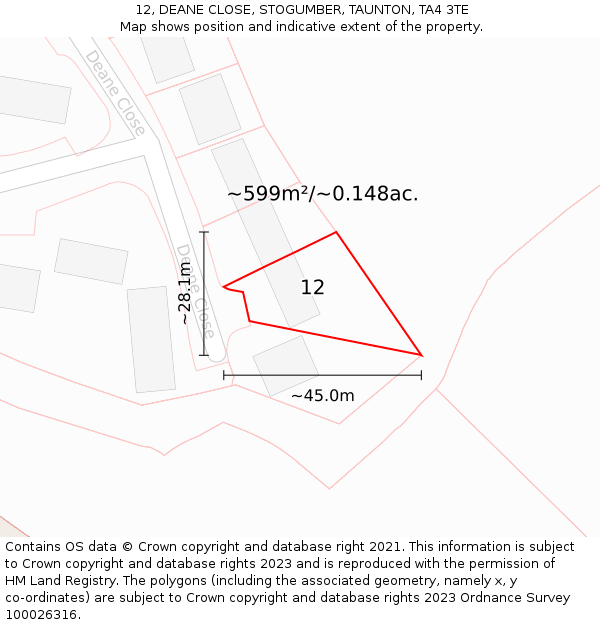 12, DEANE CLOSE, STOGUMBER, TAUNTON, TA4 3TE: Plot and title map