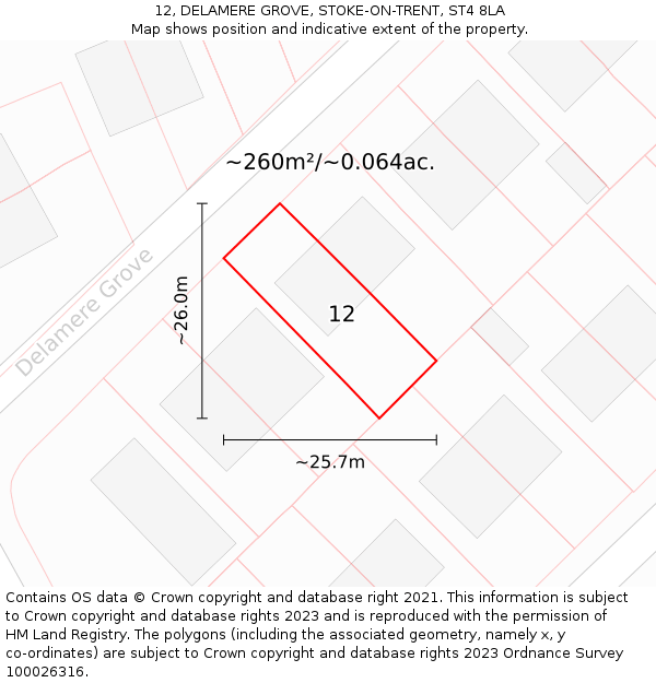 12, DELAMERE GROVE, STOKE-ON-TRENT, ST4 8LA: Plot and title map