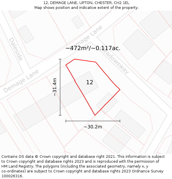 12, DEMAGE LANE, UPTON, CHESTER, CH2 1EL: Plot and title map