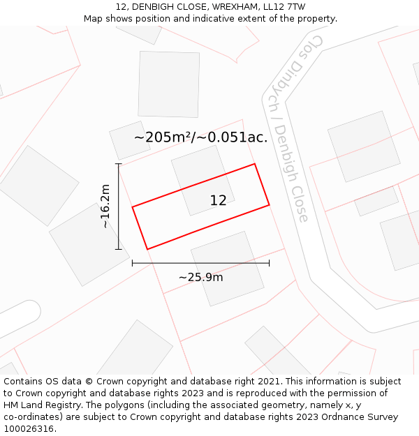 12, DENBIGH CLOSE, WREXHAM, LL12 7TW: Plot and title map