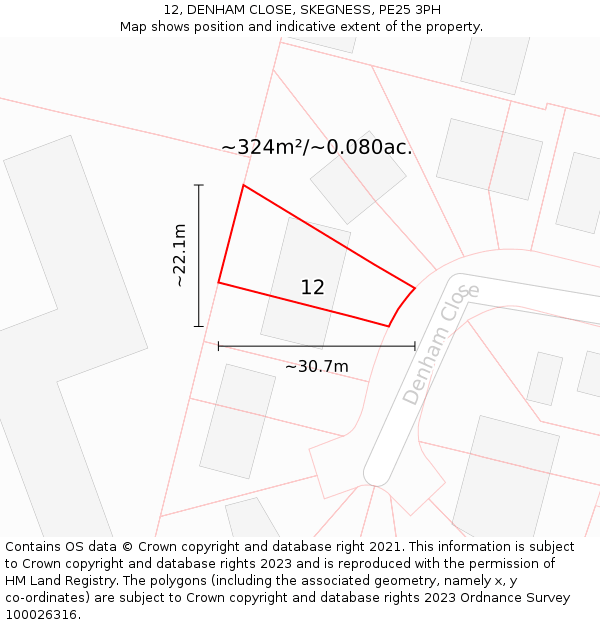 12, DENHAM CLOSE, SKEGNESS, PE25 3PH: Plot and title map