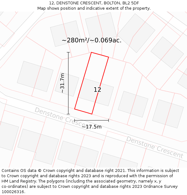 12, DENSTONE CRESCENT, BOLTON, BL2 5DF: Plot and title map
