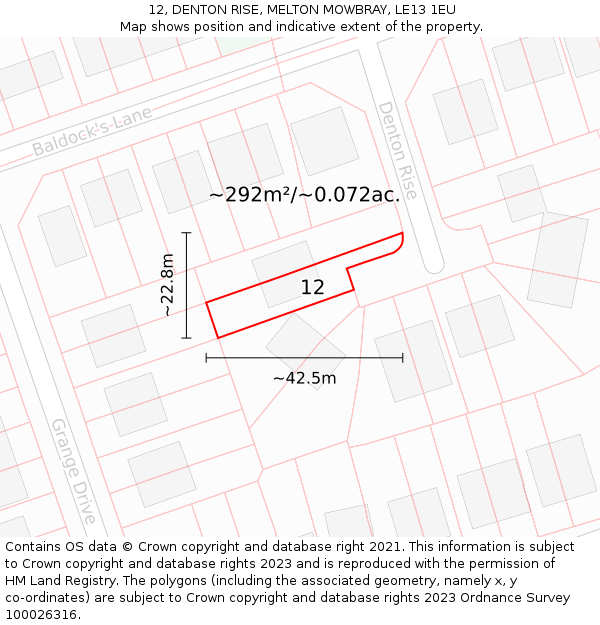12, DENTON RISE, MELTON MOWBRAY, LE13 1EU: Plot and title map