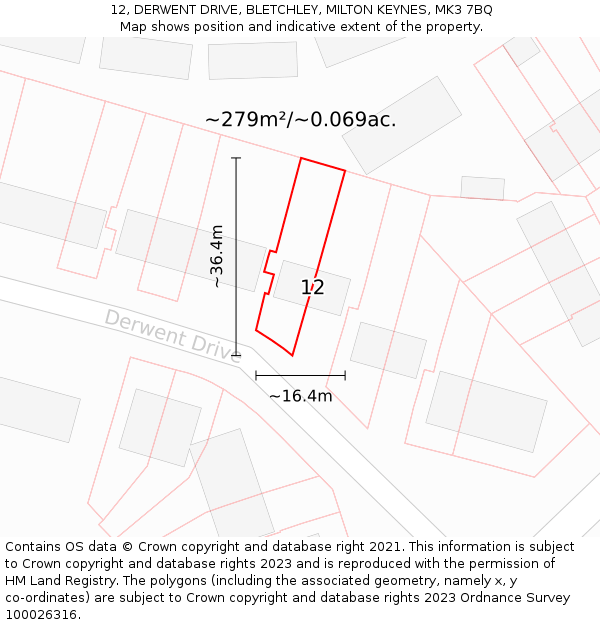12, DERWENT DRIVE, BLETCHLEY, MILTON KEYNES, MK3 7BQ: Plot and title map