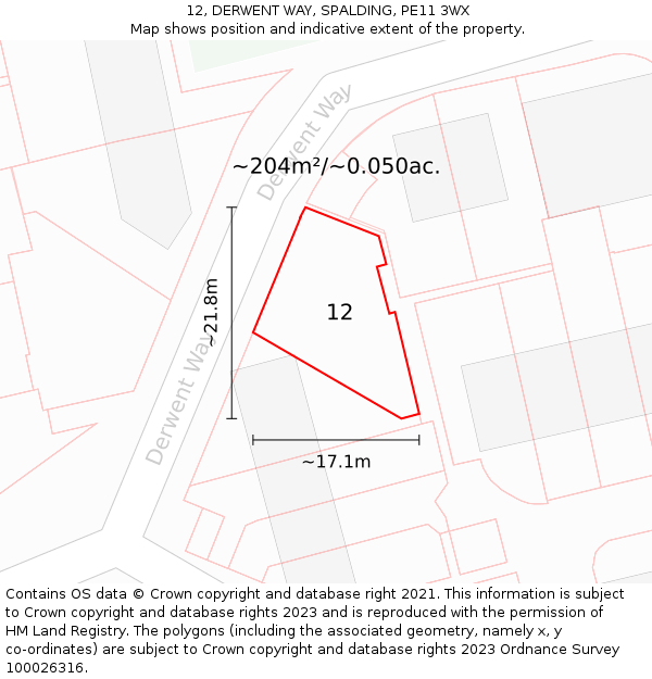 12, DERWENT WAY, SPALDING, PE11 3WX: Plot and title map