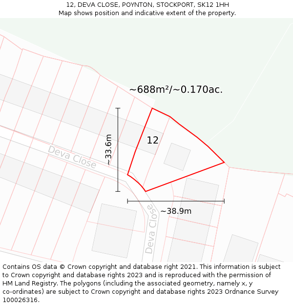 12, DEVA CLOSE, POYNTON, STOCKPORT, SK12 1HH: Plot and title map