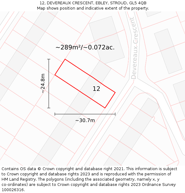 12, DEVEREAUX CRESCENT, EBLEY, STROUD, GL5 4QB: Plot and title map