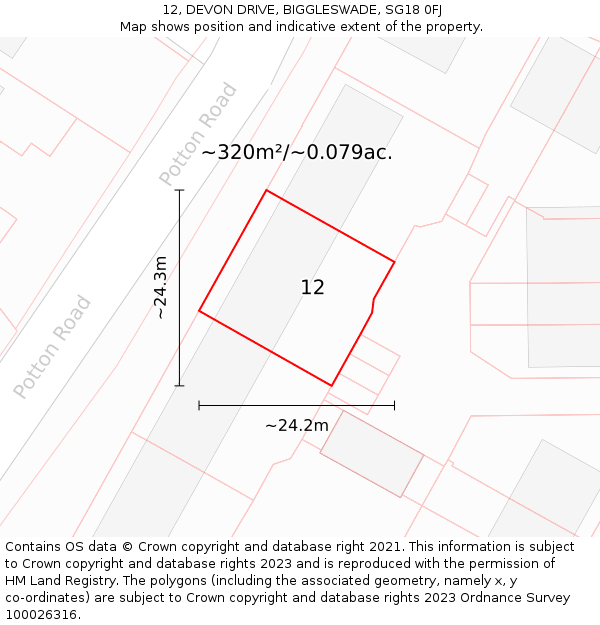 12, DEVON DRIVE, BIGGLESWADE, SG18 0FJ: Plot and title map